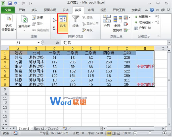 设定Excel2010某些单元格数据不参与排序